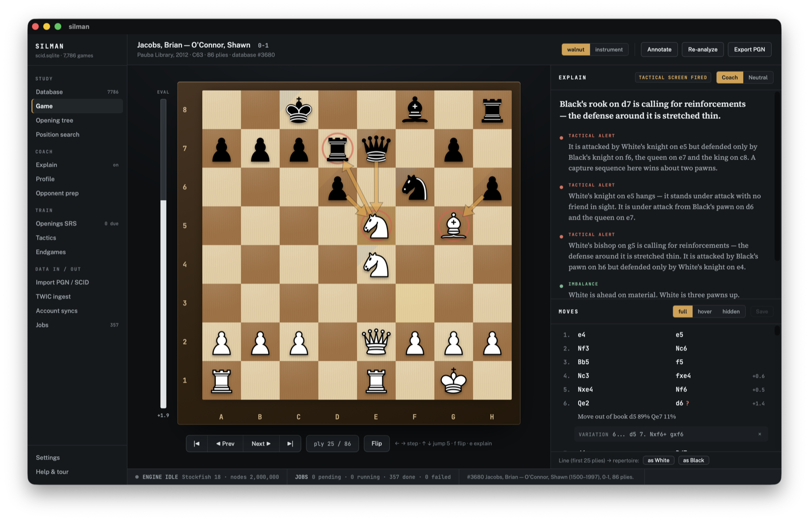 The Kibitz game view: a walnut chess board with tactical-alert rings and attacker arrows drawn on the squares, beside an Explain panel that describes the position in plain English sentences and an annotated move list.