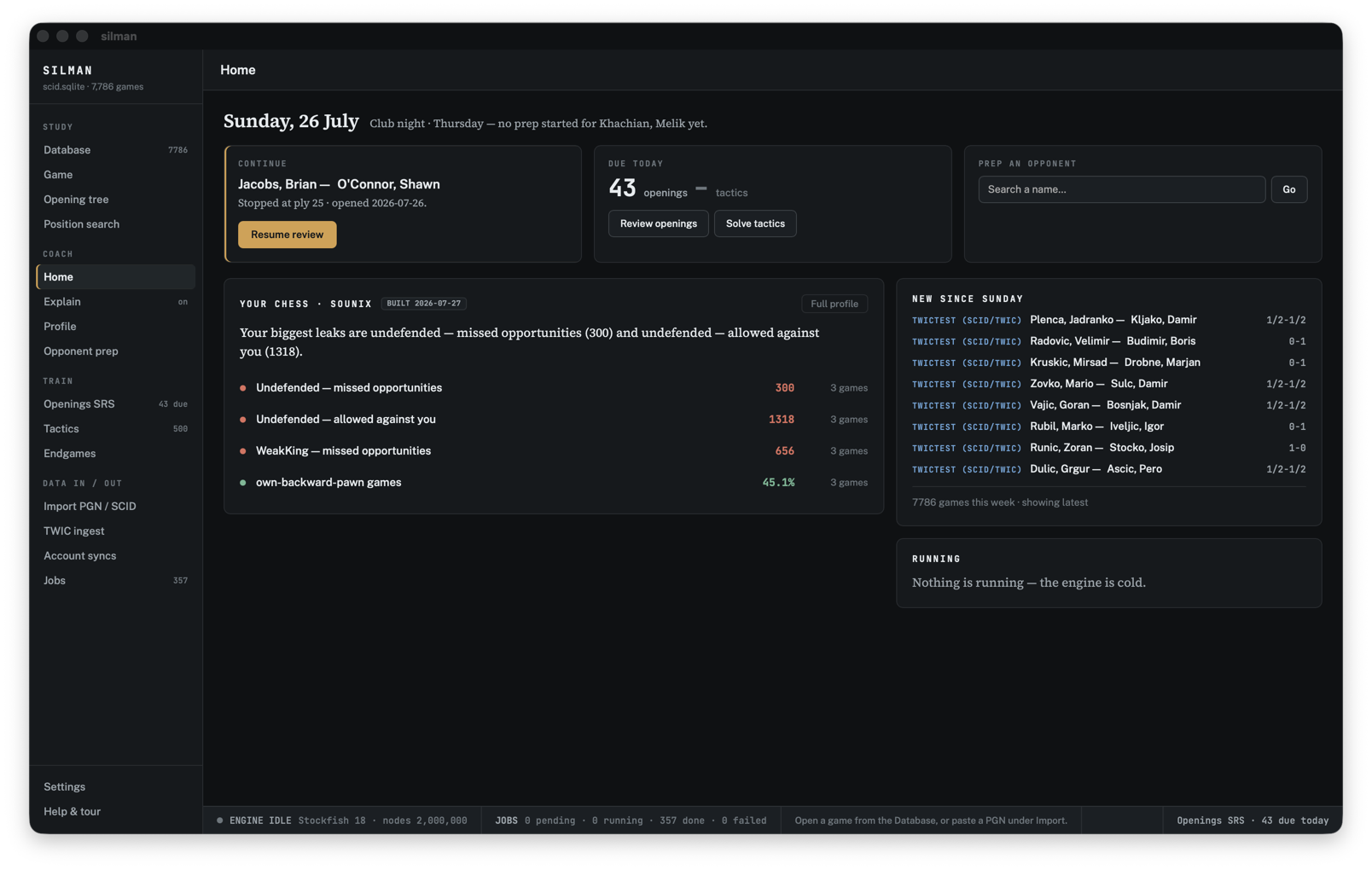 The Kibitz home screen: a continue-review card, an openings-due count, an opponent-prep search box, a findings panel naming the player's biggest leaks, and a list of games imported this week.