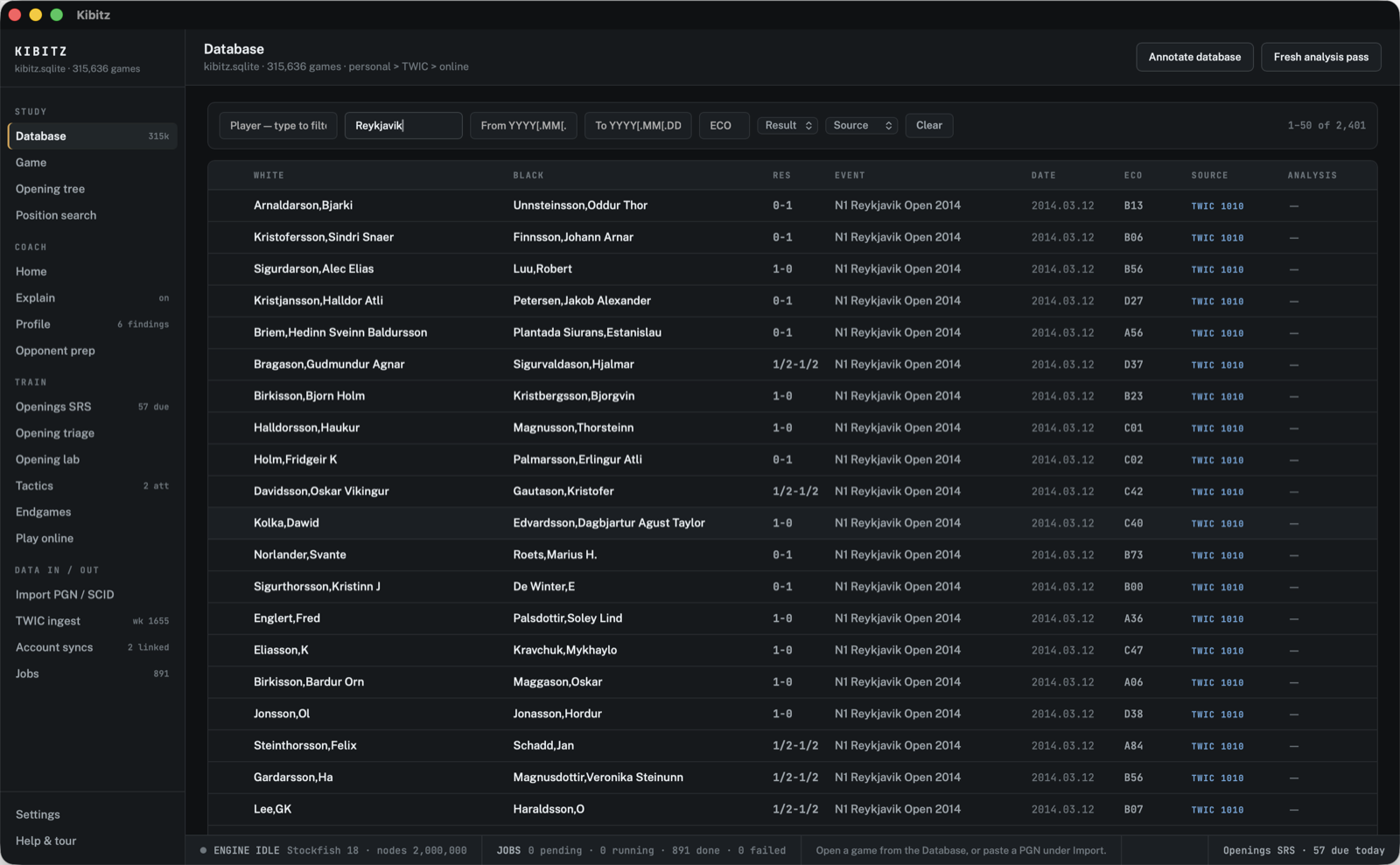 The Database screen, filtered to one event: the filter bar, the games table with result, ECO and provenance columns, and the batch actions
