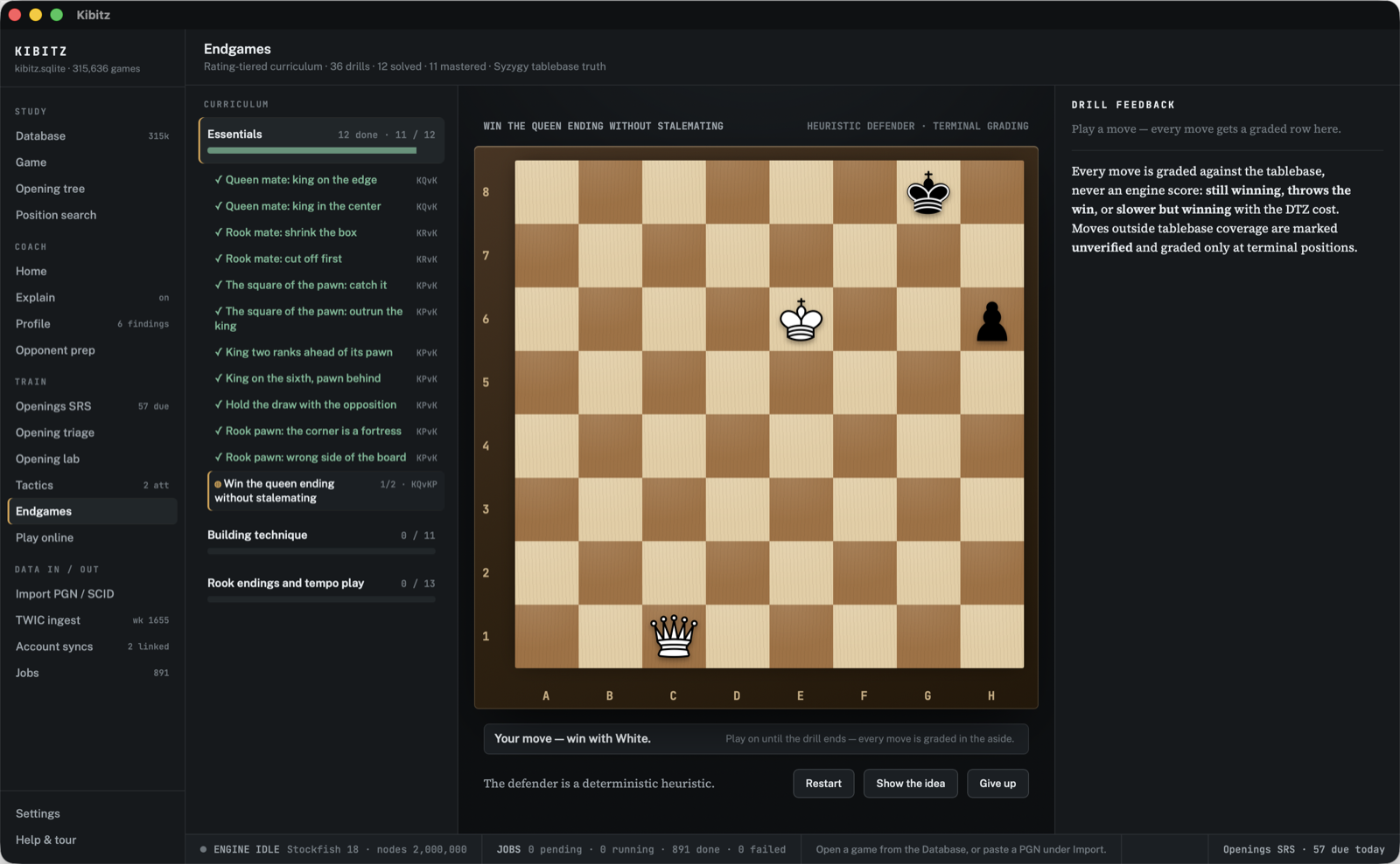The Endgames curriculum mid-tier: mastered drills ticked, one solved drill showing its clean streak toward mastery, and a drill in play graded against the tablebase