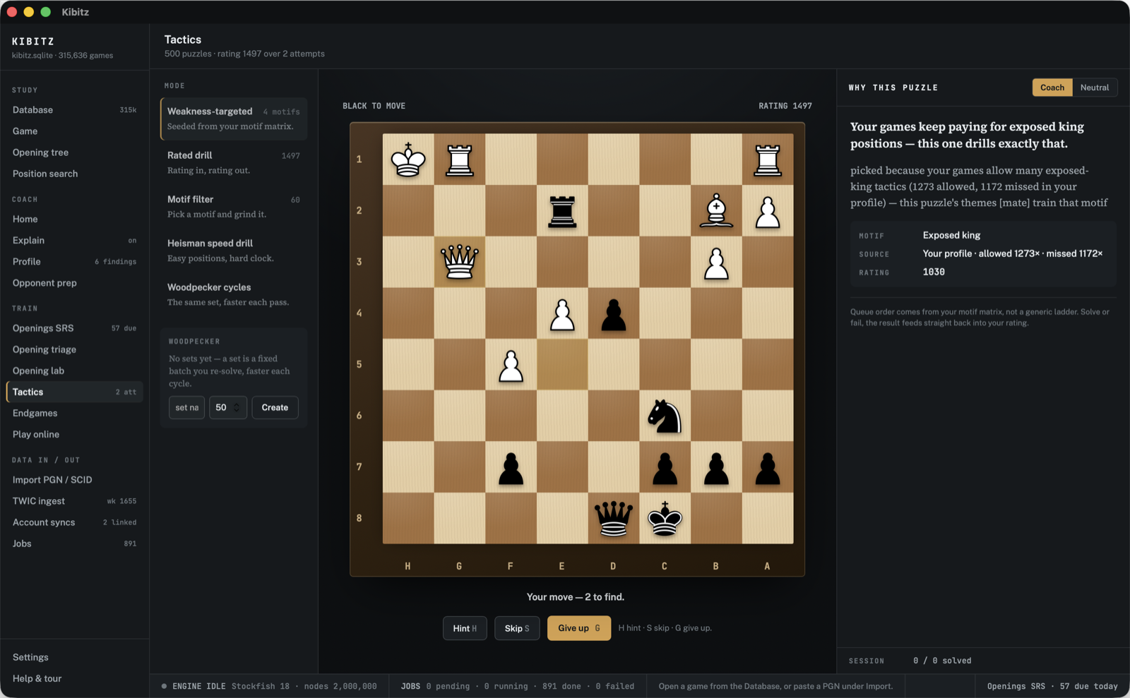 A tactics puzzle with the WHY THIS PUZZLE panel naming the motif, where it came from in your profile, and the puzzle's rating